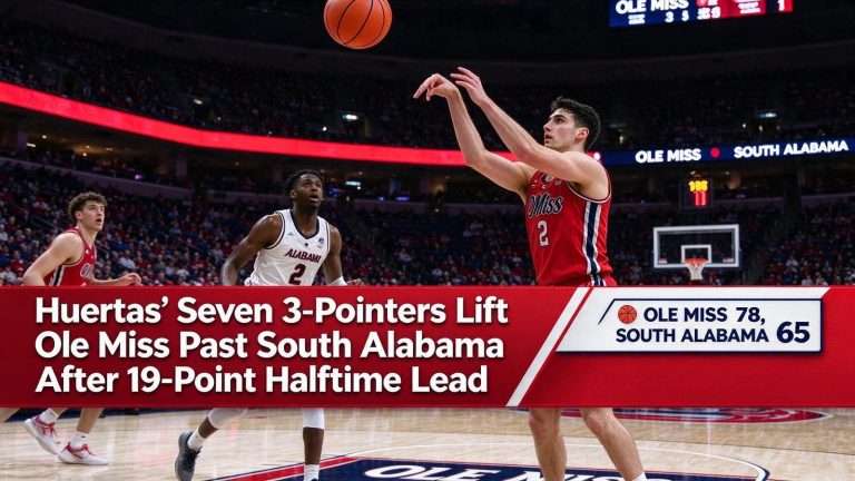 Illustration for the news story: Huertas’ Seven 3-Pointers Lift Ole Miss Past South Alabama After 19-Point Halftime Lead