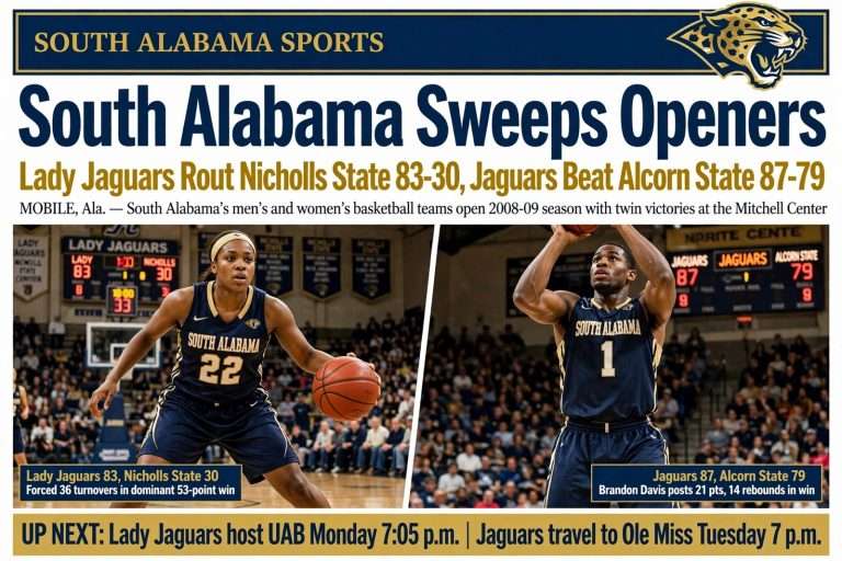 Illustration for the news story: South Alabama Sweeps Openers: Lady Jaguars Rout Nicholls State 83-30, Jaguars Beat Alcorn State 87-79