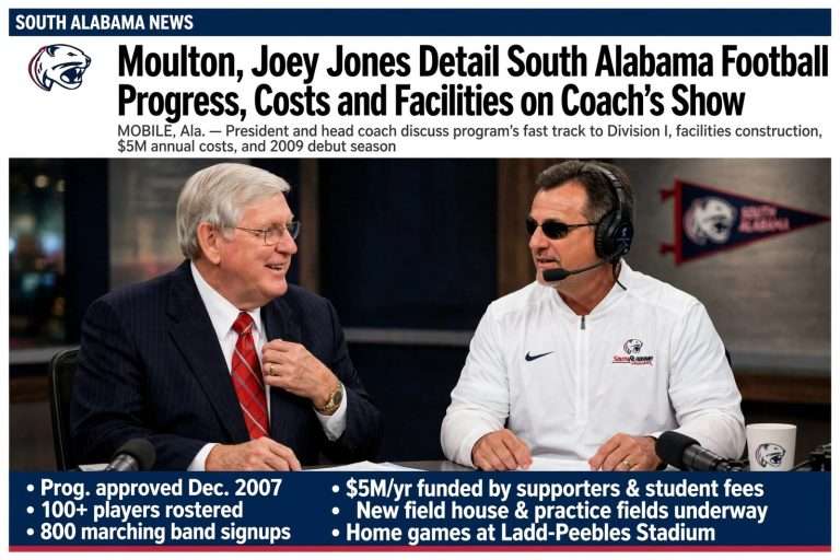 Illustration for the news story: Moulton, Joey Jones Detail South Alabama Football Progress, Costs and Facilities on Coach’s Show