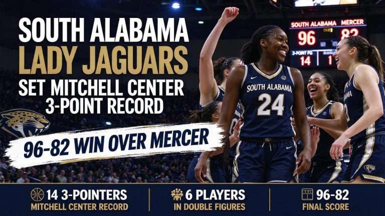 Illustration for the news story: South Alabama Lady Jaguars Set Mitchell Center 3-Point Record in 96-82 Win Over Mercer