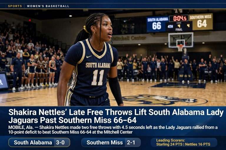 Illustration for the news story: Shakira Nettles’ Late Free Throws Lift South Alabama Lady Jaguars Past Southern Miss 66-64