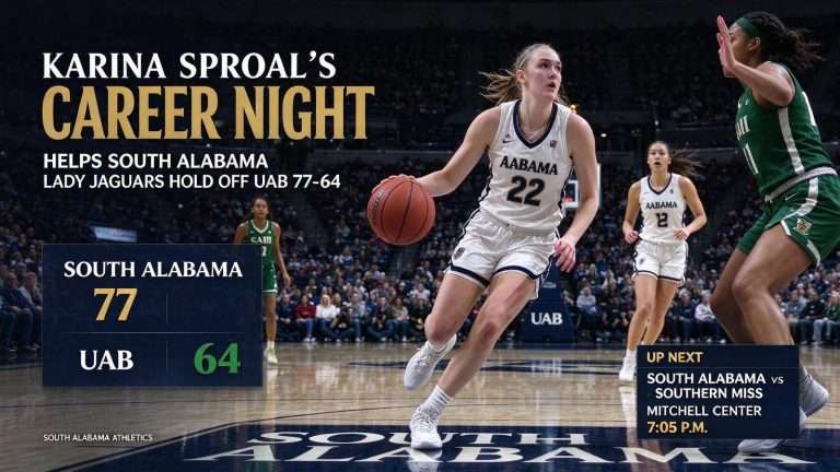 Illustration for the news story: Karina Sproal’s Career Night Helps South Alabama Lady Jaguars Hold Off UAB 77-64
