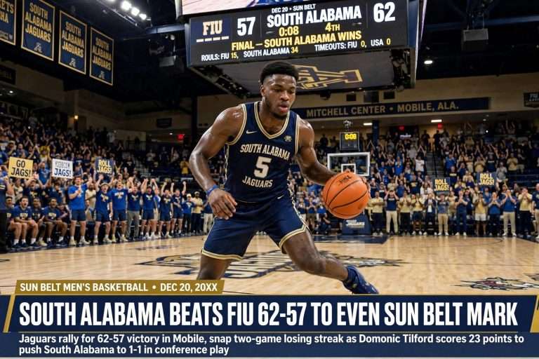 Illustration for the news story: South Alabama Beats FIU 62-57 to Even Sun Belt Mark After Losses to Mississippi State, Western Kentucky