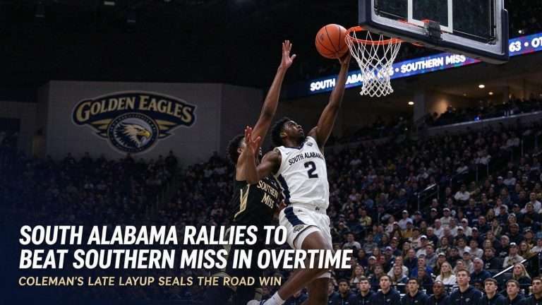 Illustration for the news story: South Alabama Rallies to Beat Southern Miss in Overtime Behind Coleman’s Late Layup