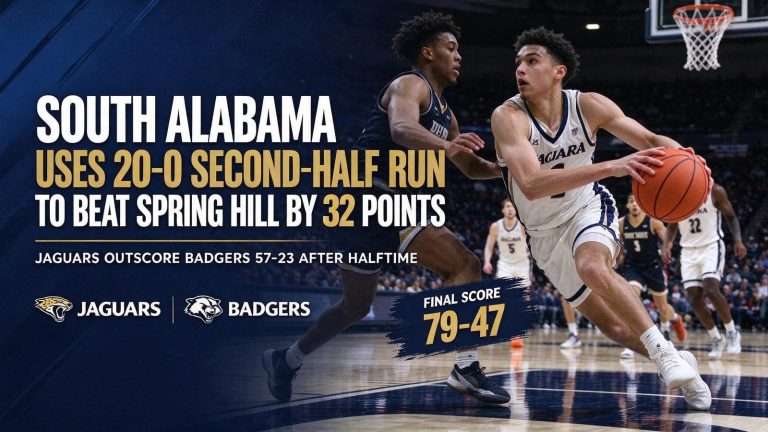 Illustration for the news story: South Alabama Uses 20-0 Second-Half Run to Beat Spring Hill by 32 Points