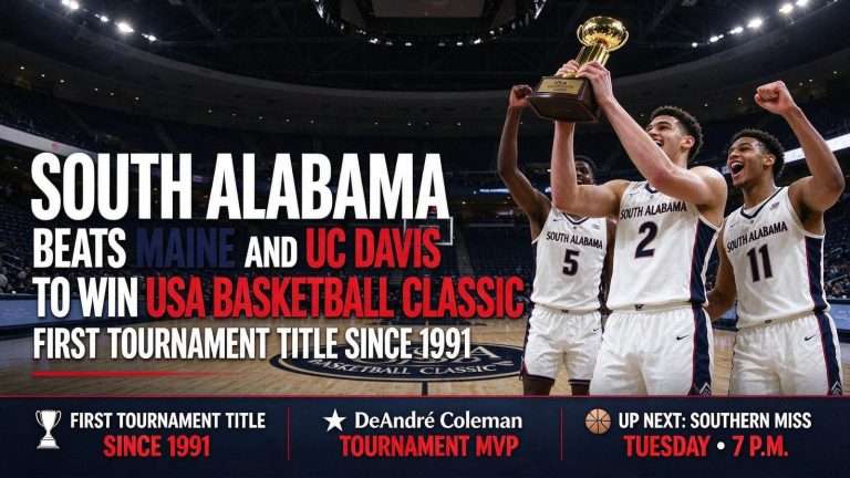 Illustration for the news story: South Alabama Beats Maine and UC Davis to Win USA Basketball Classic, First Tournament Title Since 1991