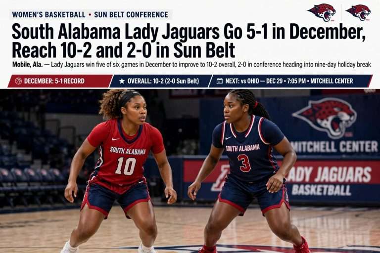 Illustration for the news story: South Alabama Lady Jaguars Go 5-1 in December, Reach 10-2 and 2-0 in Sun Belt