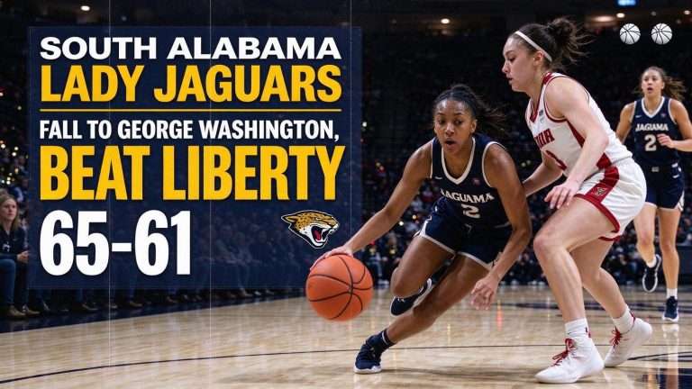 Illustration for the news story: South Alabama Lady Jaguars Fall to George Washington, Beat Liberty 65-61 in Thanksgiving Tournament