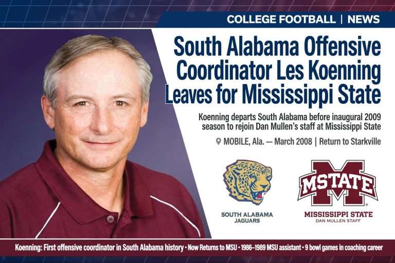 Illustration for the news story: South Alabama Offensive Coordinator Les Koenning Leaves for Mississippi State