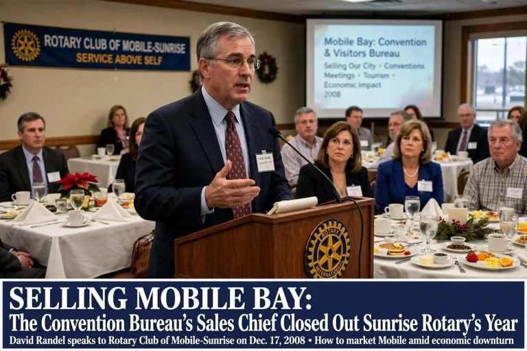 Illustration for the news story: Selling Mobile Bay: The Convention Bureau’s Sales Chief Closed Out Sunrise Rotary’s Year