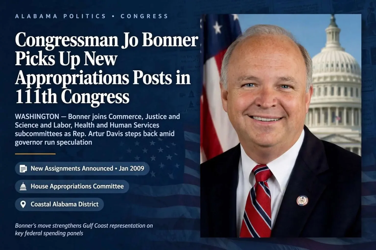 Illustration for the news story: Congressman Jo Bonner Picks Up New Appropriations Posts in 111th Congress