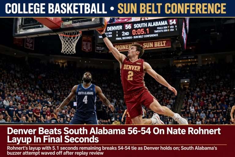 Illustration for the news story: Denver Beats South Alabama 56-54 On Nate Rohnert Layup In Final Seconds