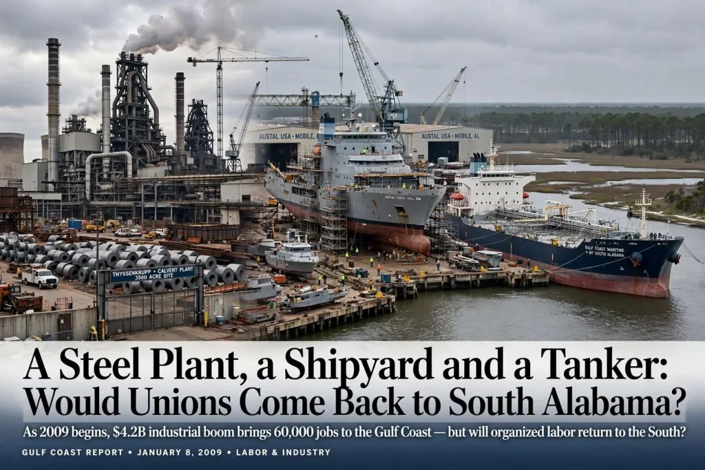 Illustration for the news story: A Steel Plant, a Shipyard and a Tanker: Would Unions Come Back to South Alabama?