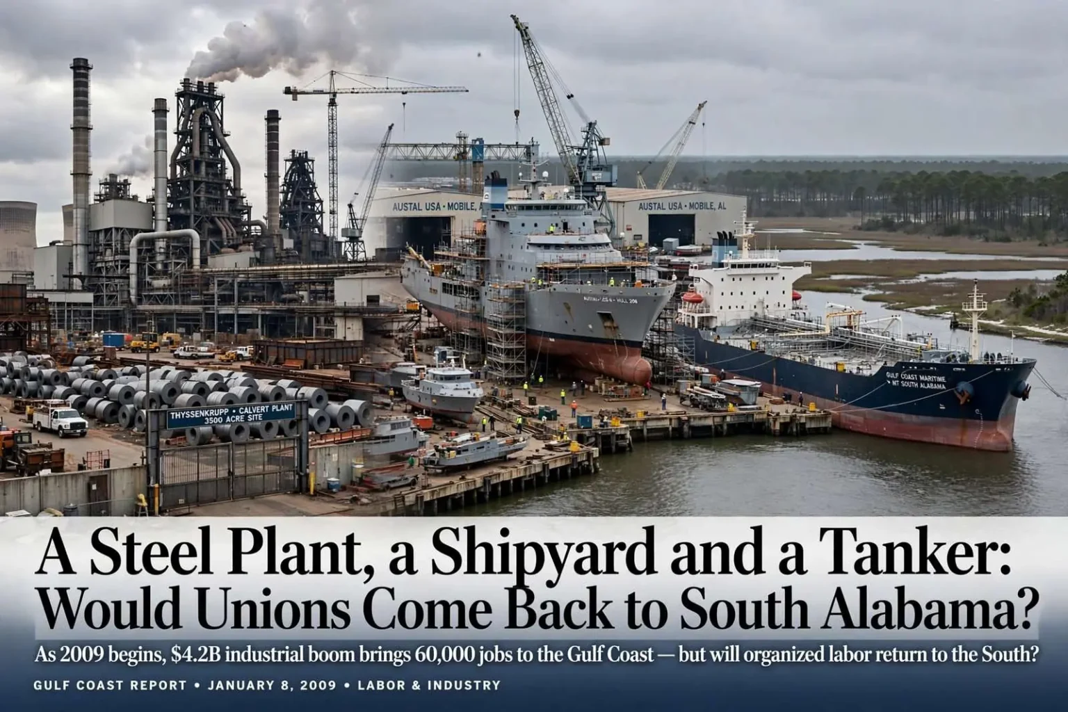 Illustration for the news story: A Steel Plant, a Shipyard and a Tanker: Would Unions Come Back to South Alabama?