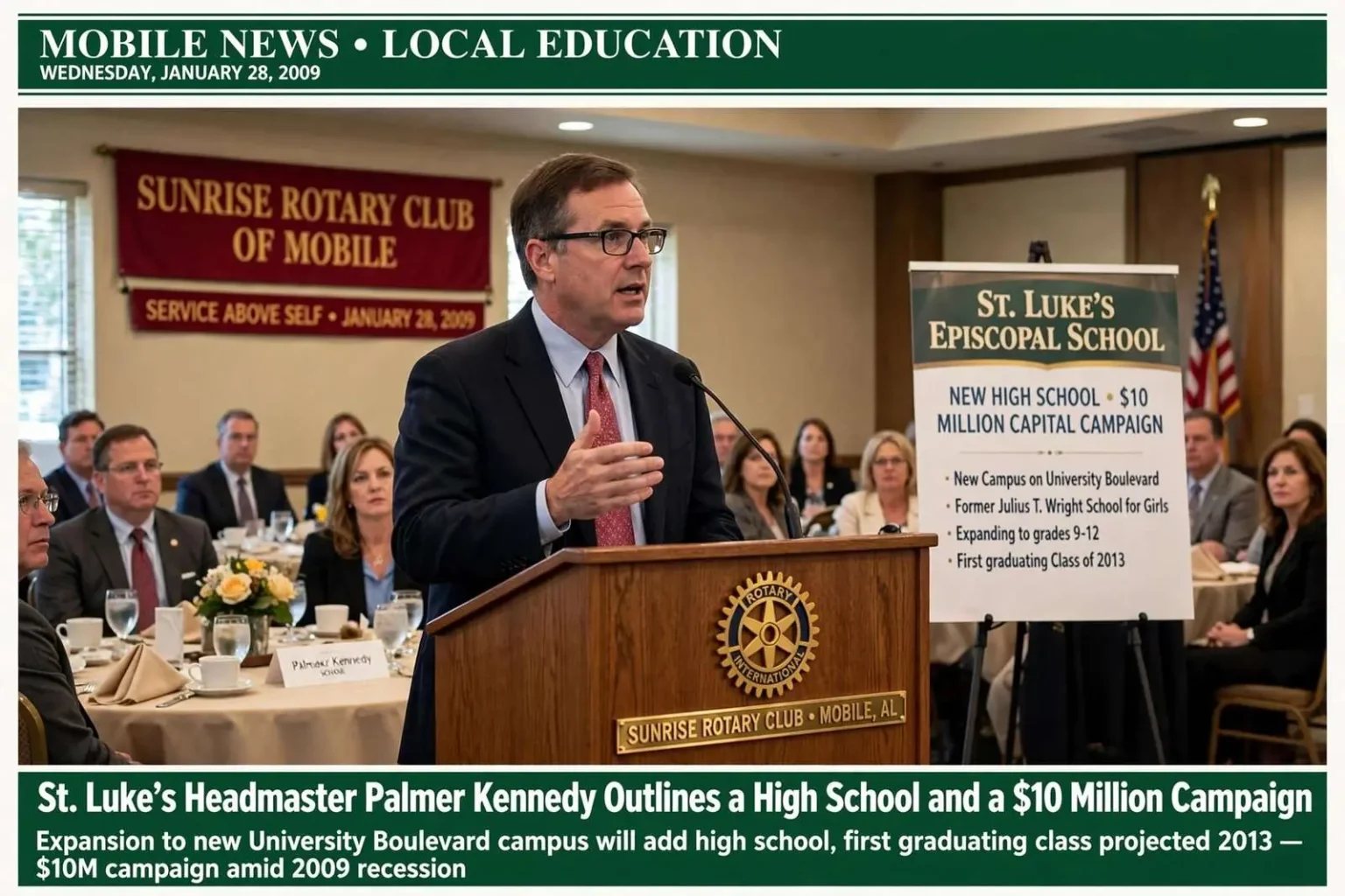 Illustration for the news story: St. Luke’s Headmaster Palmer Kennedy Outlined a High School and a $10 Million Campaign