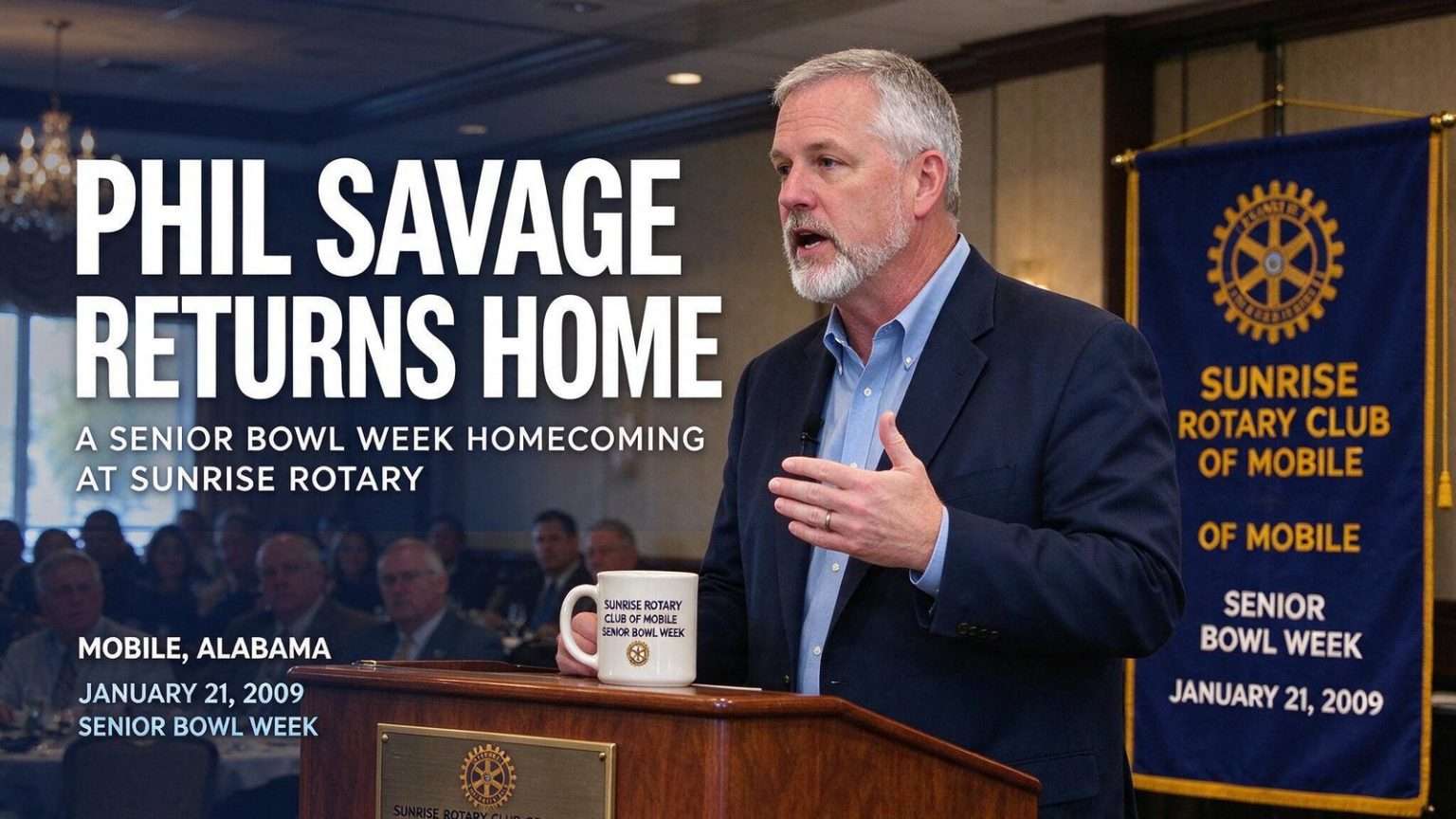 Illustration for the news story: Senior Bowl Week Brought Phil Savage Back to Sunrise Rotary’s Podium