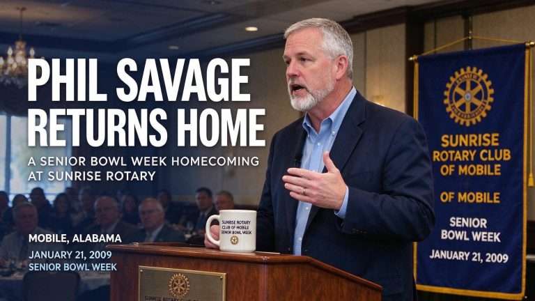 Illustration for the news story: Senior Bowl Week Brought Phil Savage Back to Sunrise Rotary’s Podium