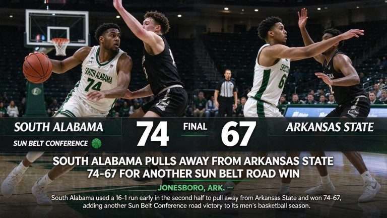 Illustration for the news story: South Alabama Pulls Away From Arkansas State 74-67 for Another Sun Belt Road Win