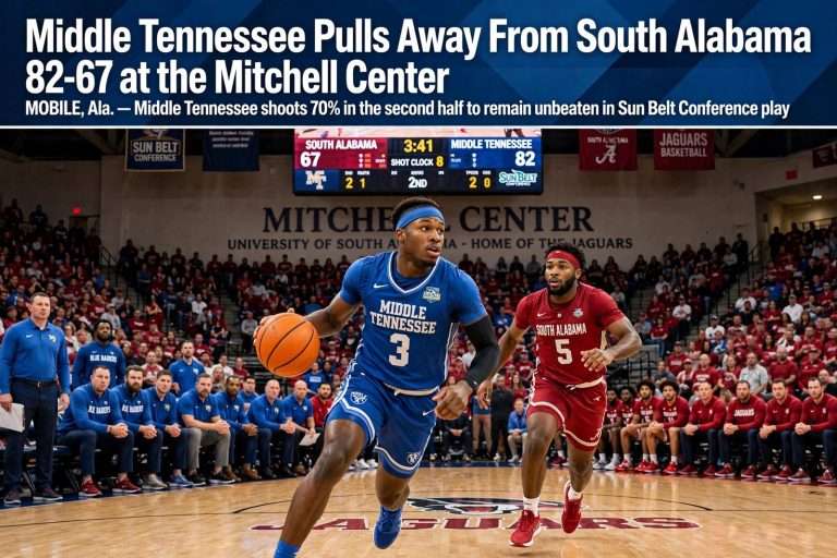 Illustration for the news story: Middle Tennessee Pulls Away From South Alabama 82-67 at the Mitchell Center