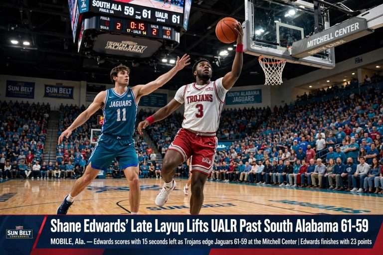 Illustration for the news story: Shane Edwards’ Late Layup Lifts UALR Past South Alabama 61-59 at the Mitchell Center