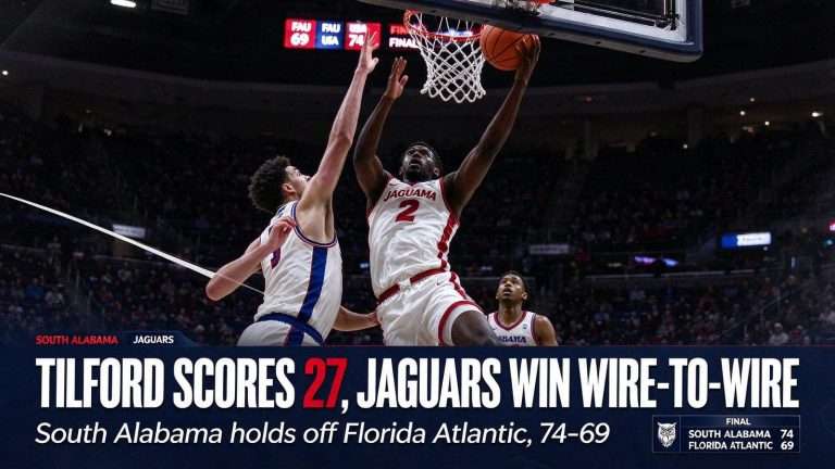 Illustration for the news story: Domonic Tilford Scores 27 as South Alabama Leads Wire to Wire in 74-69 Win at Florida Atlantic