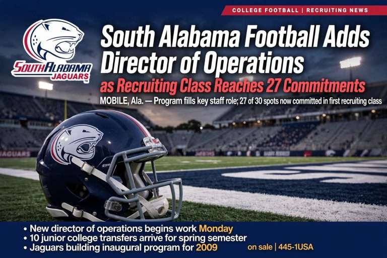 Illustration for the news story: South Alabama Football Adds Director of Operations as Recruiting Class Reaches 27 Commitments