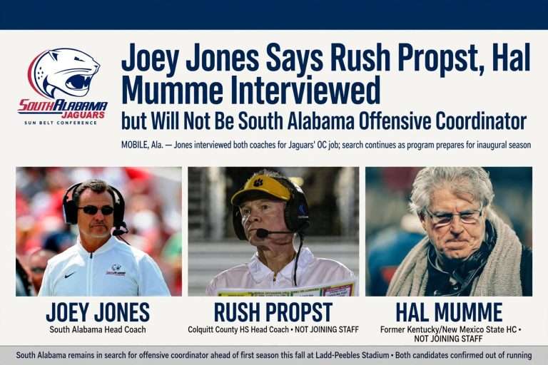 Illustration for the news story: Joey Jones Says Rush Propst, Hal Mumme Interviewed but Will Not Be South Alabama Offensive Coordinator