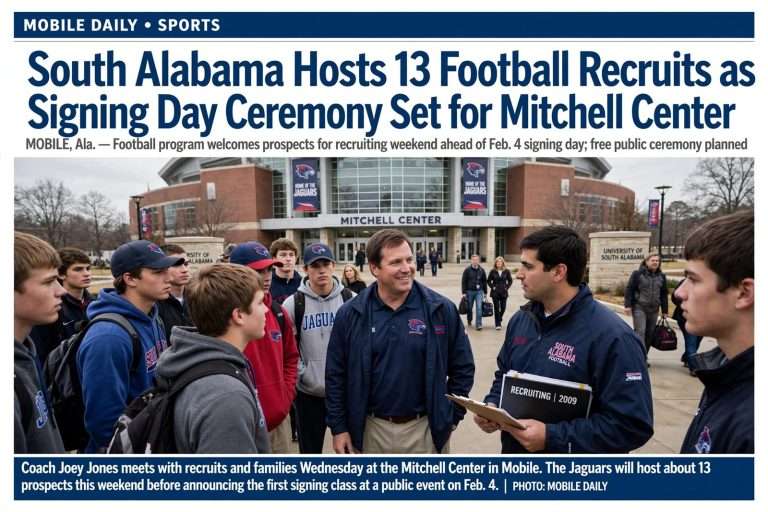 Illustration for the news story: South Alabama Hosts 13 Football Recruits as Signing Day Ceremony Set for Mitchell Center