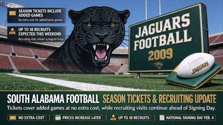 Illustration for the news story: South Alabama Football Season Tickets Include Added Games; Up to 18 Recruits Expected This Weekend