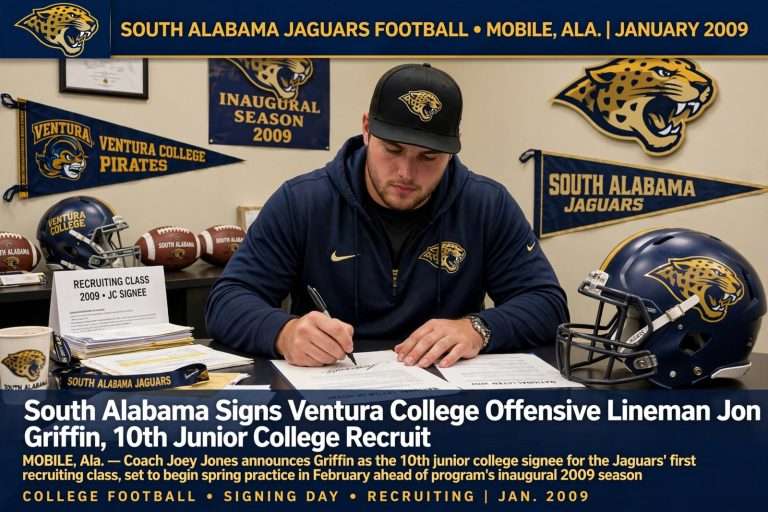 Illustration for the news story: South Alabama Signs Ventura College Offensive Lineman Jon Griffin, 10th Junior College Recruit