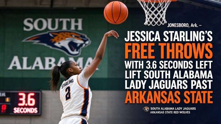 Illustration for the news story: Jessica Starling’s Free Throws With 3.6 Seconds Left Lift South Alabama Lady Jaguars Past Arkansas State