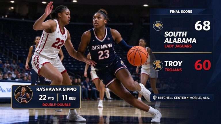 Illustration for the news story: Sippio’s Double-Double Helps South Alabama Lady Jaguars Beat Troy 68-60, Snap Three-Game Skid