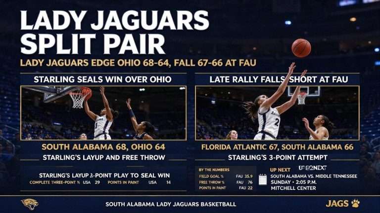 Illustration for the news story: South Alabama Lady Jaguars Edge Ohio 68-64, Then Fall 67-66 at Florida Atlantic