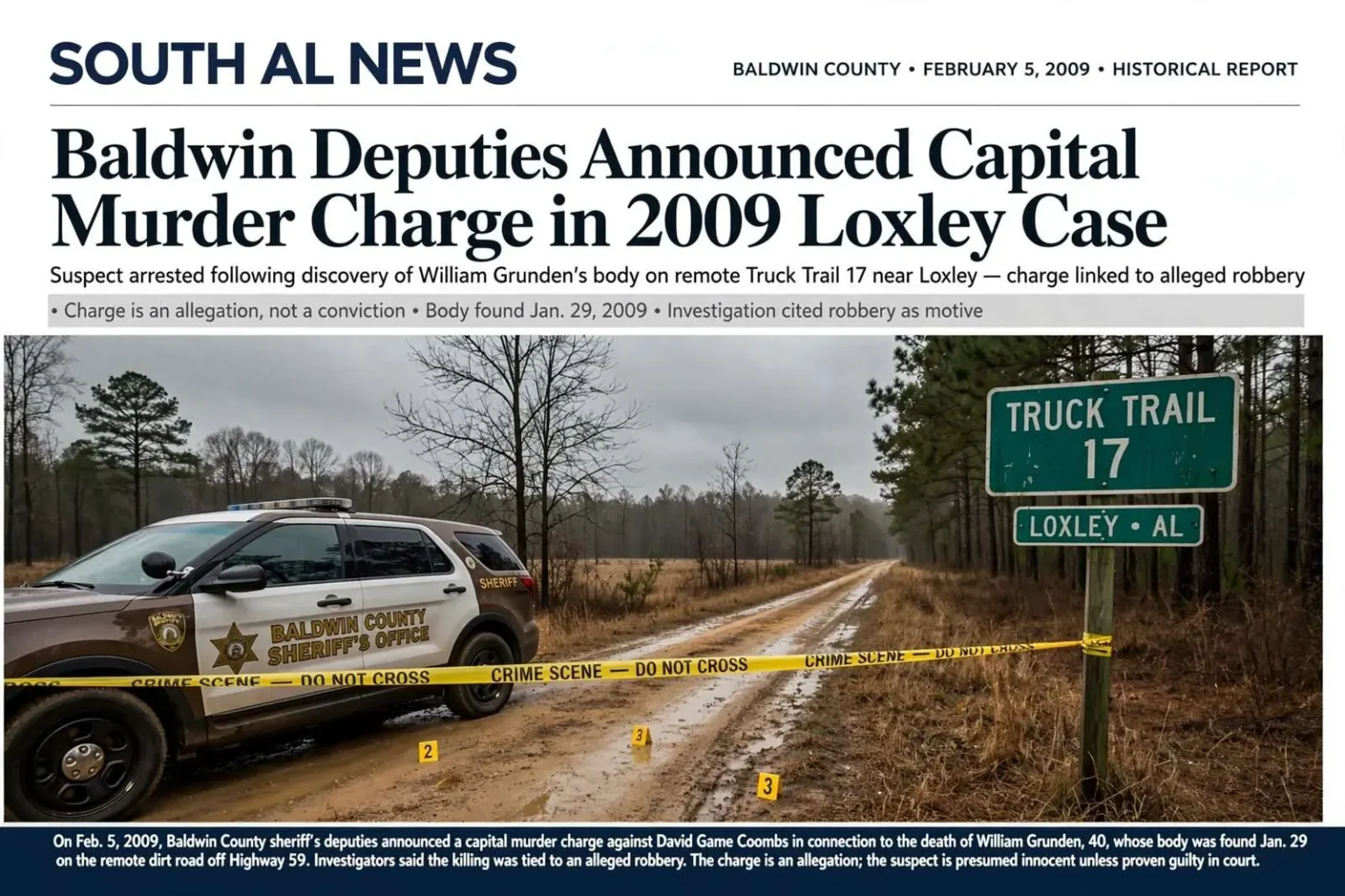 Illustration for the news story: Baldwin Deputies Announced Capital Murder Charge in 2009 Loxley Case