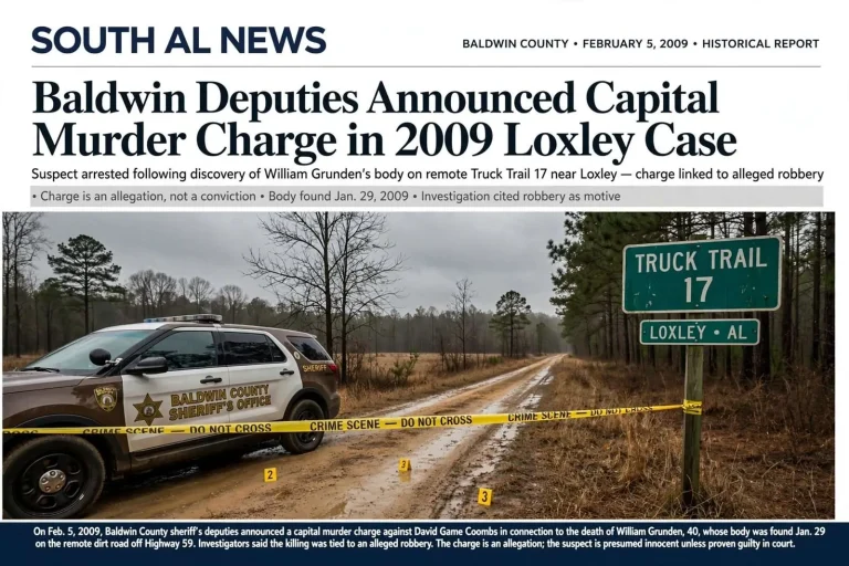 Illustration for the news story: Baldwin Deputies Announced Capital Murder Charge in 2009 Loxley Case