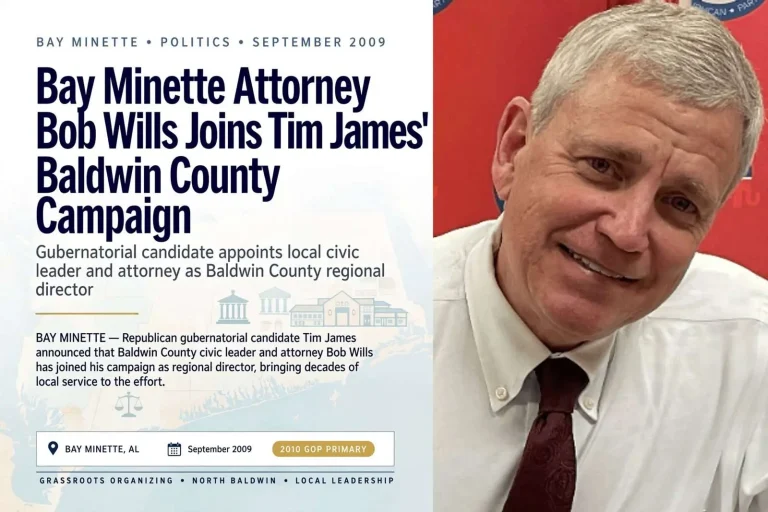 Illustration for the news story: Bay Minette Attorney Bob Wills Signed On to Run Tim James’ Baldwin County Campaign