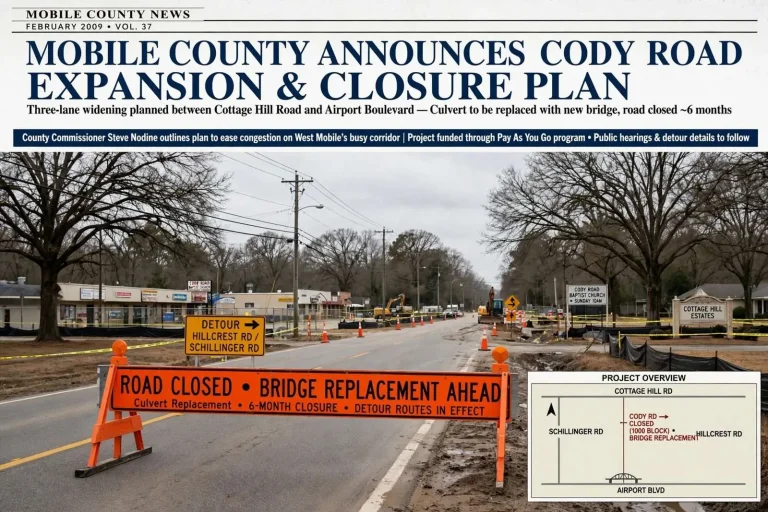 Illustration for the news story: Mobile County Announced Cody Road Expansion and Closure Plan in 2009