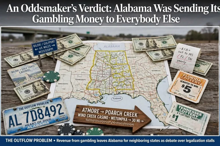 Illustration for the news story: An Oddsmaker’s Verdict: Alabama Was Sending Its Gambling Money to Everybody Else