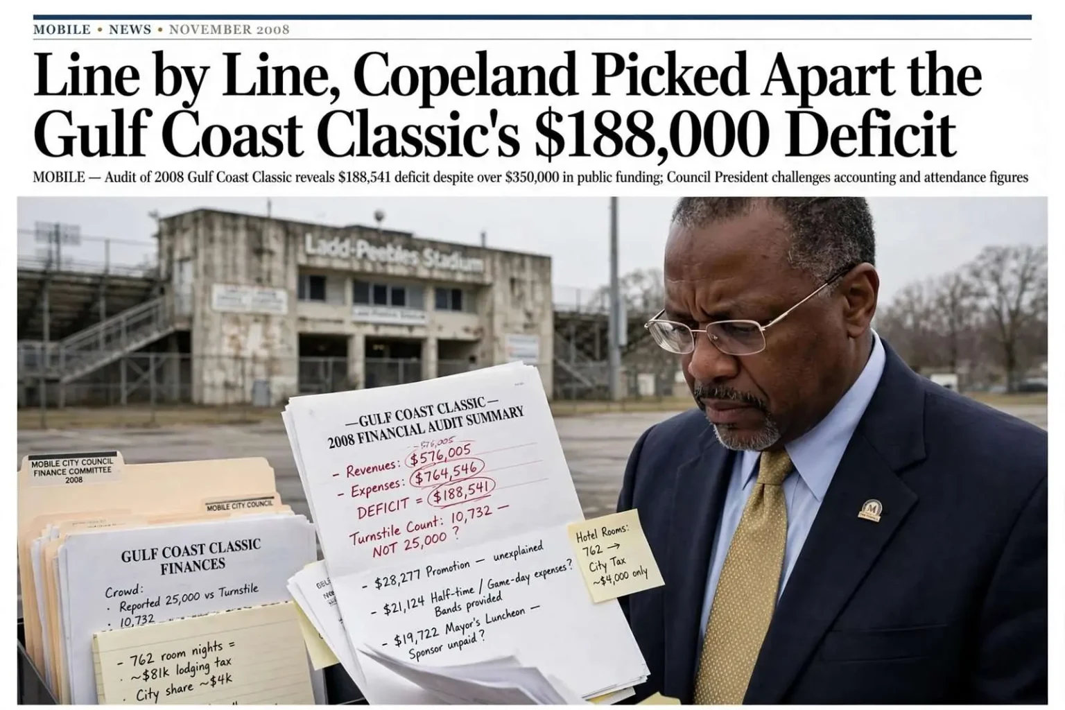 Illustration for the news story: Line by Line, Copeland Picked Apart the Gulf Coast Classic’s $188,000 Deficit