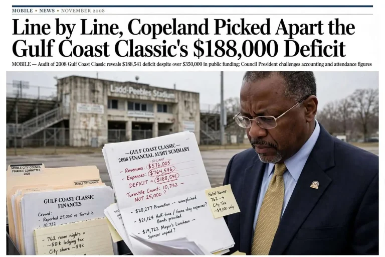 Illustration for the news story: Line by Line, Copeland Picked Apart the Gulf Coast Classic’s $188,000 Deficit