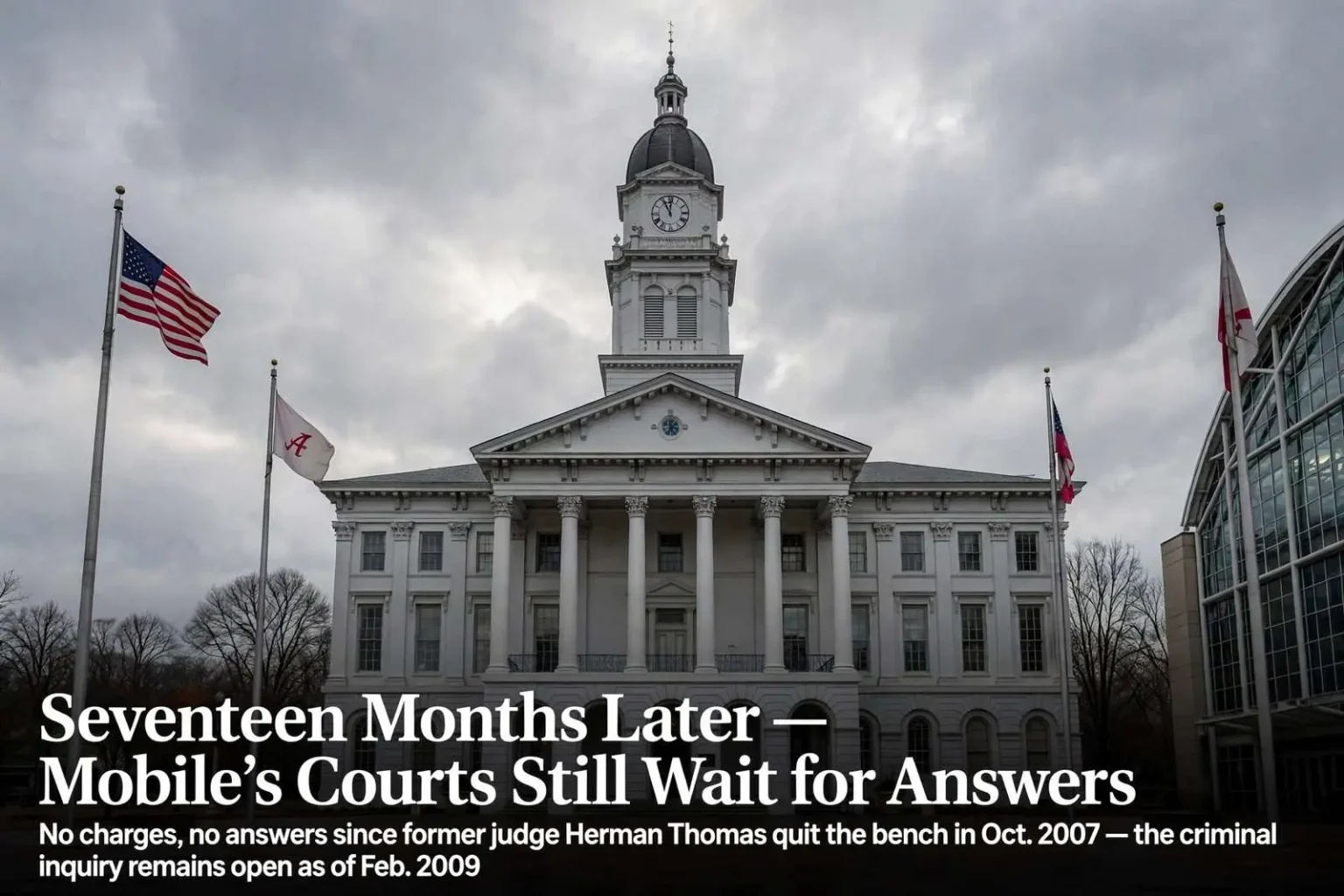Illustration for the news story: Seventeen Months After Herman Thomas Left the Bench, Mobile’s Courts Still Wait for Answers
