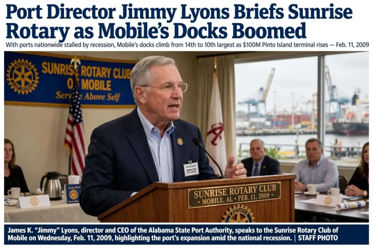 Illustration for the news story: Port Director Jimmy Lyons Briefed Sunrise Rotary as Mobile’s Docks Boomed