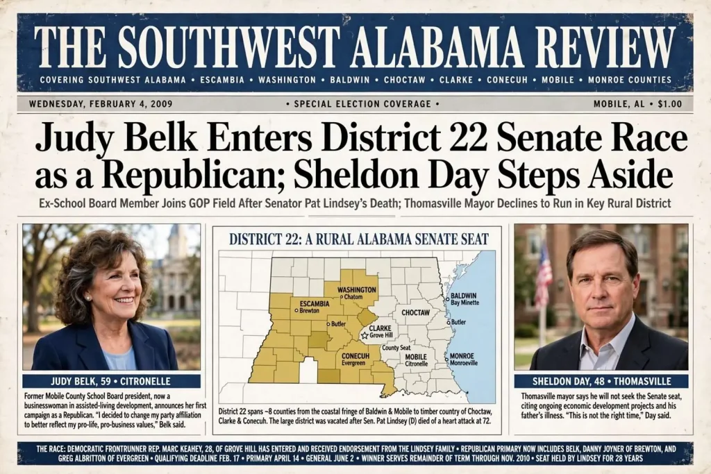 Illustration for the news story: Judy Belk Entered the District 22 Senate Race as a Republican; Sheldon Day Stepped Aside