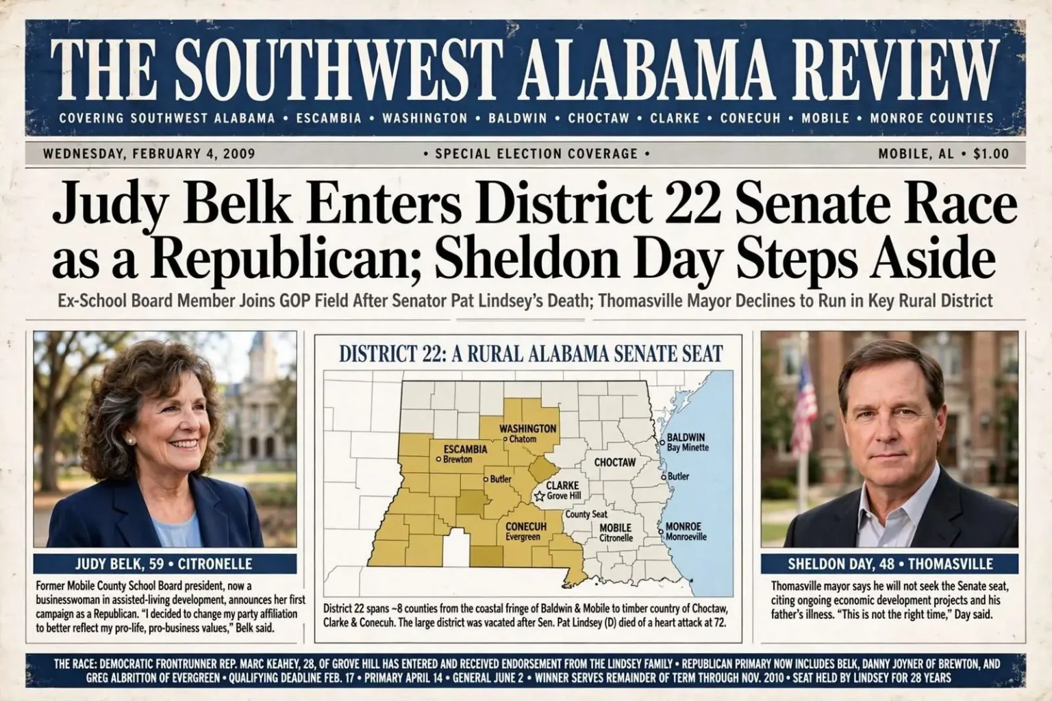 Illustration for the news story: Judy Belk Entered the District 22 Senate Race as a Republican; Sheldon Day Stepped Aside