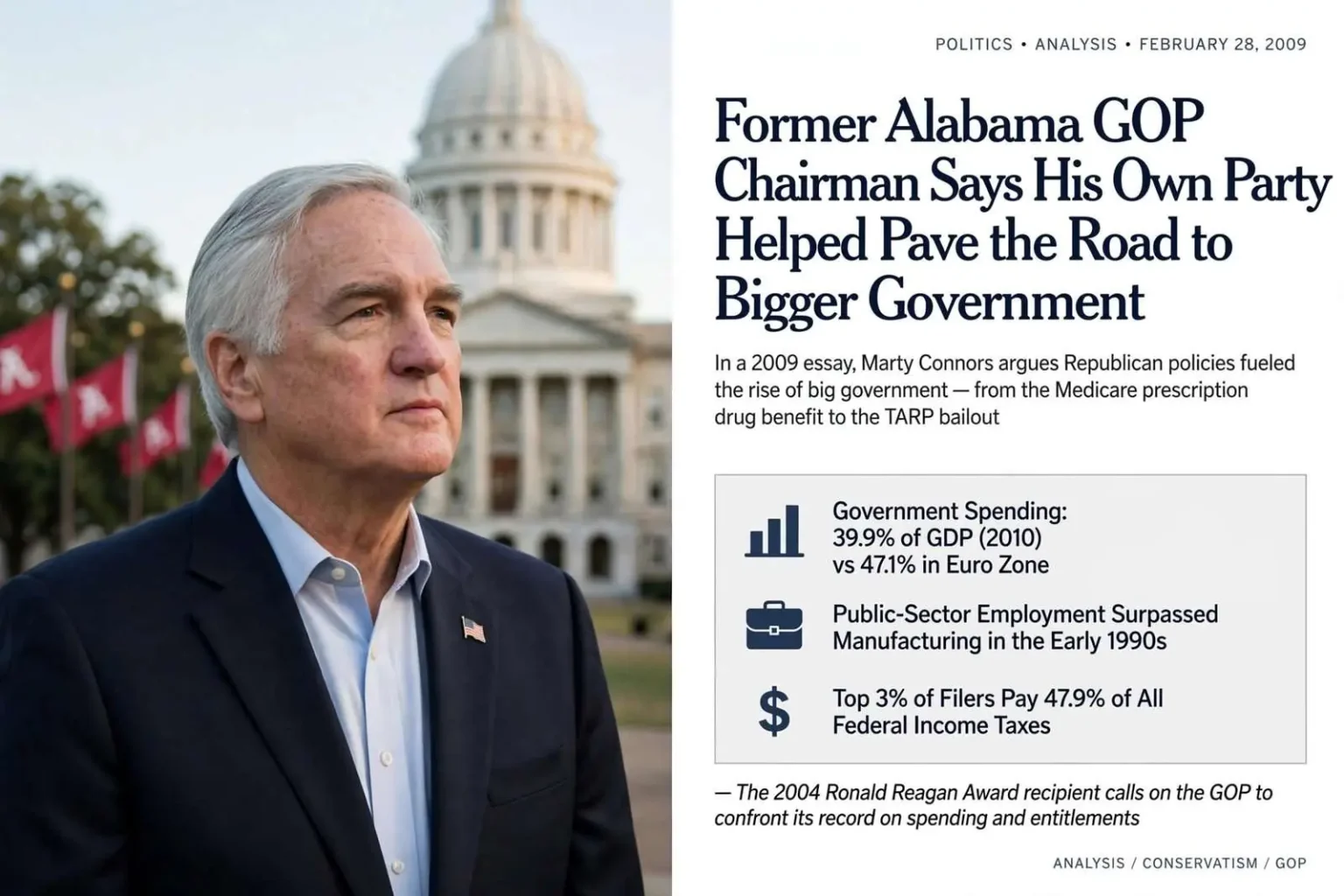 Illustration for the news story: Former Alabama GOP Chairman Says His Own Party Helped Pave the Road to Bigger Government