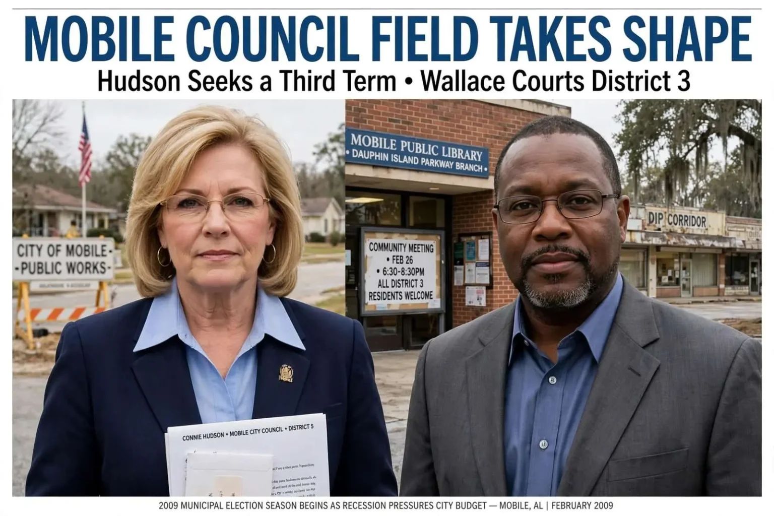 Illustration for the news story: Mobile Council Field Takes Shape: Hudson Seeks a Third Term, Wallace Courts District 3