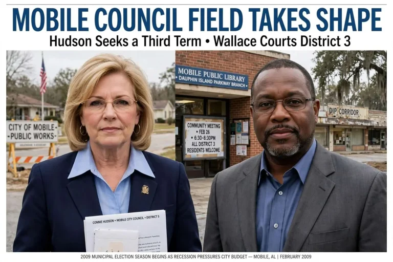 Illustration for the news story: Mobile Council Field Takes Shape: Hudson Seeks a Third Term, Wallace Courts District 3