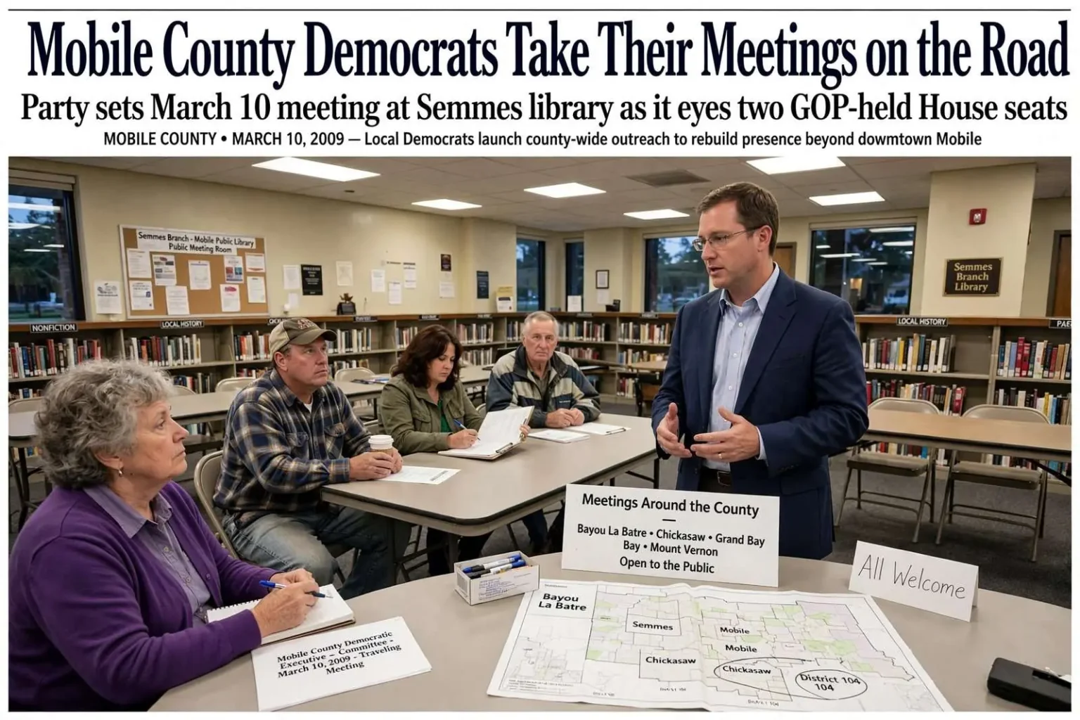 Illustration for the news story: Mobile County Democrats Take Their Meetings on the Road and Eye Two GOP-Held House Seats