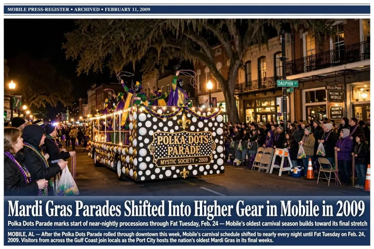 Illustration for the news story: Mardi Gras Parades Shifted Into Higher Gear in Mobile in 2009