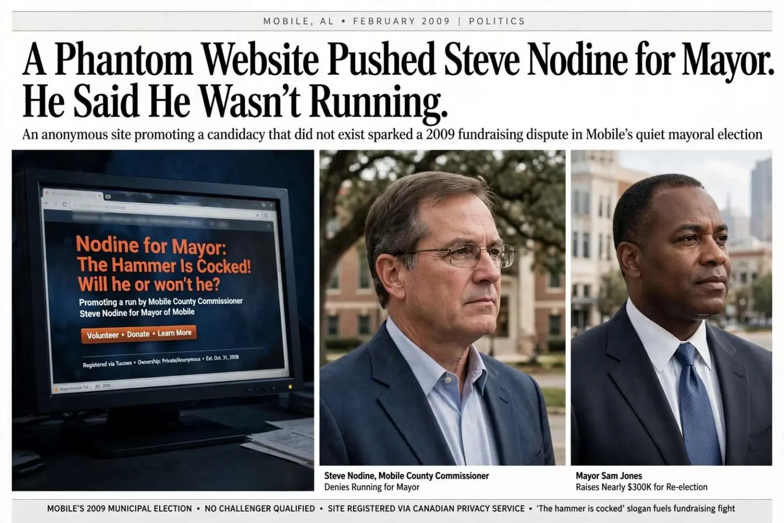Illustration for the news story: A Phantom Website Pushed Steve Nodine for Mayor. He Said He Wasn’t Running.